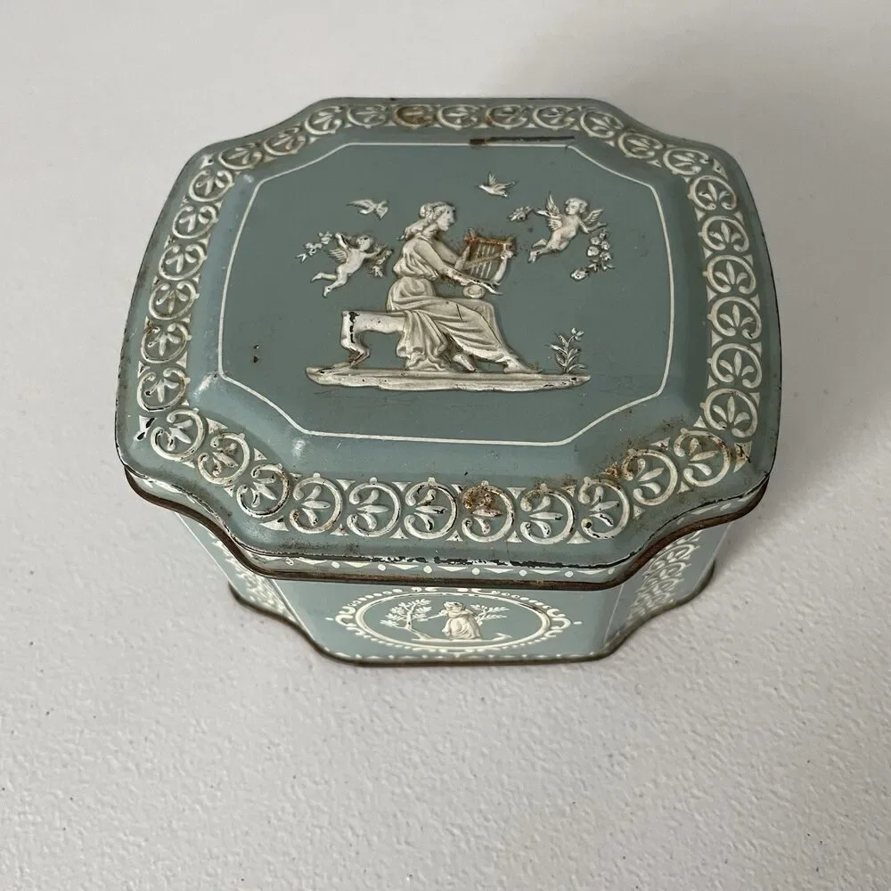 Vintage Container Tin Made in England Robin Egg Blue Greek Scenes 5